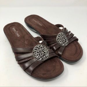 Minnetonka Womens Brown Leather Slide Sandals 9M